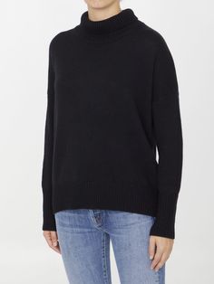 Heidi high-neck sweater in black cashmere. Ribbed collar, cuffs and hem. Asymmetric hem. Regular fit. Size nationality: USComposition: 100% Cashmere Black Cashmere Turtleneck For Fall, Black Cashmere Turtleneck With Funnel Neck, Black Cashmere Turtleneck With Ribbed Collar, Lisa Yang, Red Valentino Shoes, Wang Dress, Expensive Handbags, Stella Mccartney Bag, Cashmere Color