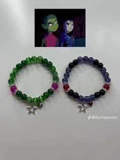 Matching Bracelets Characters, Matching Character Bracelets, Matching Bracelets For Couples Diy, Couple Bracelets Beads, Couple Bracelet Ideas, Bracelet Themes, Matching Bracelet Ideas, Character Bracelets, Beast Boy And Raven