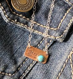 This personalized initial necklace can be customized with 3 characters. This copper pendant includes a 5mm Kingman turquoise stone and a hand stamped arrow. A boho style necklace to give to a friend, sister or your Mom. Makes a perfect gift for girls and women. Layer this with other charm necklaces or wear a lone. Made of solid sterling silver that hangs on a sterling silver flat cable chain.  Like it just the way you see it with Mrs on it? Perfect gift for new wife or bride.  Customize it!!  Pl Personalized Blue May Birthstone Jewelry, Personalized Blue Jewelry For May Birthstone, Blue Initials Jewelry As A Gift, Blue Initials Jewelry For Gift, Personalized Blue Engraved Jewelry, Personalized Engraved Blue Jewelry, Personalized Engraved Blue Jewelry Gift, Personalized Turquoise Sterling Silver Necklaces, Personalized Sterling Silver Turquoise Necklaces