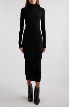 A turtleneck, extended long sleeves and a hemline that hits at the lower calf all add to the elongated and elongating look of this stretchy, fitted jersey midi. Hidden back-zip closure Turtleneck Long sleeves 92% viscose, 8% elastane Dry clean Made in Portugal Designer Clothing Turtleneck Midi Dress, Jersey Turtleneck, Long Sleeve Jersey, Fabric Gifts, Free Fabric, Black Fits, Nordstrom Dresses, Isabel Marant, Clothing Items