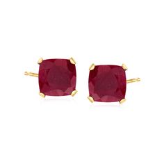 Ross-Simons - 6.00 ct. t. w. Ruby Martini Stud Earrings in 14kt Yellow Gold. July babies and fans of red, rejoice! We've got the perfect, affordable everyday studs for you. Bursting with their sweet and spicy cinnamon hue, these 6.00 ct. t. w. square cushion-cut ruby studs are simply set in polished 14kt yellow gold that turns the focus to their supreme color and shine. Post/clutch, ruby stud earrings. Ruby birthstones are the perfect gift for July birthdays. Classic Ruby Earrings In Yellow Gold, Classic Gemstone Earrings For Valentine's Day, Essential Jewelry, Ruby Stud Earrings, Jewelry Presentation, Ruby Earrings Studs, July Baby, Ruby Birthstone, Jewelry Styles