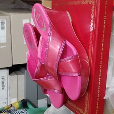 Nib Initially Priced At $1080 Rene Caovilla Sz 36 Fuchsia Sandals Luxury Pink Wedge Heel Sandals, Elegant Pink Wedge Sandals For Parties, Elegant Pink Wedge Sandals With Round Toe, Pink Slip-on Sandals For Evening, Pink Closed Toe Glamorous Sandals, Pink Round Toe Wedge Sandals For Formal Occasions, Pink Slip-on Sandals For Formal Occasions, Glamorous Pink Leather Sandals, Slip-on Wedge Sandals With Removable Insole For Party