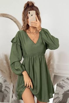 New High Waist V Neck A-Line Women's Casual Dress Khaki Mini Dress For Fall, Khaki Dress For Fall, Fall Khaki Mini Dress, Khaki Fall Dress, Solid Color Khaki Fall Dress, Casual Mini Dress For Fall Vacation, Casual Fall Vacation Mini Dress, Solid Color Mini Dress For Fall Vacation, Fall Vacation Mini Dress In Solid Color