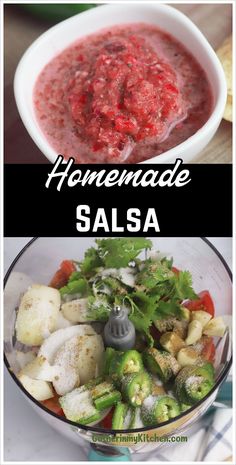 the ingredients for homemade salsa are shown in this collage, including broccoli and peppers