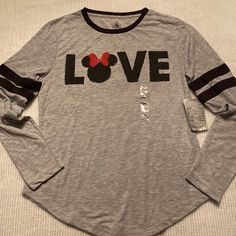 Ladies Disney Minnie Mouse Love Gray Shirt Jersey Style With Black Stripes On The Arms Size Extra Small Jersey Style, Gray Shirt, Disney Ladies, Disney Tops, Grey Shirt, Disney Parks, Black Stripes, Long Sleeve Shirt, Minnie Mouse