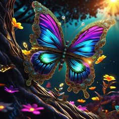 a colorful butterfly flying through the air above flowers and trees in front of a bright sun