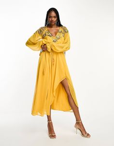 ASOS DESIGN Tall embellished floral and lattice detail midi dress with elasticated waist in mustard | ASOS Gold V-neck Midi Dress For Spring, Gold Long Sleeve Midi Dress For Summer, Gold Knee-length Midi Dress For Spring, Gold Maxi Dress For Spring, Gold Midi Dress For Spring, Lattice, Mustard, Sequin, Asos