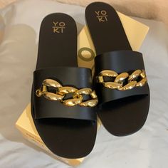 Black With Gold Chain Jelly Sandals. Brand New Never Worn. Flat Sandals With Chain Strap And Synthetic Material, Vacation Sandals With Chain Strap And Synthetic Material, Synthetic Sandals With Chain Strap For Vacation, Casual Black Sandals With Chain Strap, Casual Party Sandals With Chain Strap, Black Synthetic Sandals With Chain Strap, Jelly Sandals, Shoes Black, Women's Shoes Sandals