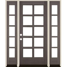 thermaic doors with sidelights and glass panels are shown in dark wood, white trim