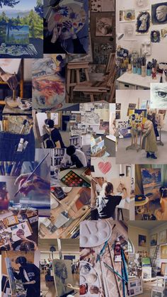 a collage of pictures with people working on paintings and other things in the background