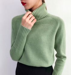 This lovely turtleneck is sure to be a new fave in your wardrobe. Featuring a polyester and cashmere knitted blend with a ribbed turtleneck and cuffed sleeves. This lovely turtleneck sweater pairs perfectly with pants, leggings, jeans or skirts. Comes in seven fabulous colors from which to choose. Green Knitwear, Wool Sweaters Womens, Women Sweaters Winter, Turtleneck Long Sleeve, Womens Turtleneck, Women Sweater, Winter Tops, Knitting Women Sweater, Pullover Sweater Women