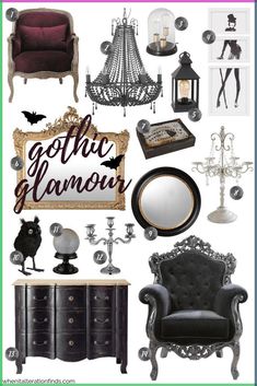 a collage of black and white furniture with the words gothic glamour on it