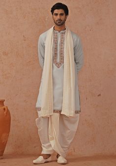 Blue Embroidered Kurta Set With Ivory Pant Kalpraag - Fabilicious Fashion Mens Kurta With Dhoti, Dhoti Dress For Men, Wedding Kurta Designs Men's, Dhoti Design For Men, Diwali Kurta For Men Indian, Kerala Wedding Kurta For Men, Kurta And Dhoti For Men, Dhoti For Men Indian Weddings, Kurta Styles Men