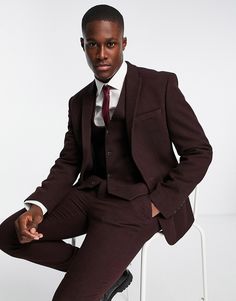 Suit jacket by ASOS DESIGN Suits you Peak lapels Padded shoulders Single button fastening Skinny fit Burgundy Suit Men, Maroon Suit, Cocktail Attire Men, Burgundy Suit, Elegant Attire, Brown Suits, Wedding Attire Guest, Cocktail Attire, Wedding Suits Men