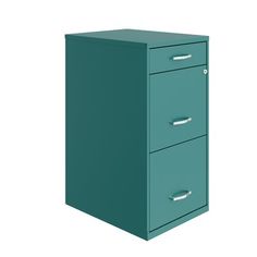 a green filing cabinet with two drawers on each side and one door open to reveal the bottom drawer