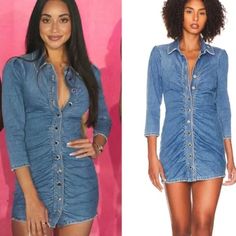 Brand New Without Tag Size L Bust:19" (Can Stretch) Length From Shoulder:32.5" Sleeves:19.5" Waist:16.5" Across Hip And Hem:21.5" Across The Gigi Dress Is Our Modern Take On The Classic Denim Button Downtrue To Form, The Retrofte Version Is Ready To Party. This Mini Dress Features Silver Buttons Down The Front, Three-Quarter Sleeves, Collar, And Ruching Throughout. Shown Here In Bailey. 100% Cotton Collared Neckline Three-Quarter Sleeves Front Button Closures Dry Clean Only Made In China Spring Knee-length Denim Party Dress, Spring Party Knee-length Denim Dress, Spring Party Denim Dress In Medium Wash, Spring Party Medium Wash Denim Dress, Denim Blue Spring Party Dress, Spring Denim Party Dress, Spring Party Denim Dress, Spring Party Denim Blue Dress, Spring Party Mini Dress In Medium Wash