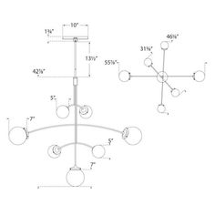 a drawing of a chandelier with three lights and four balls hanging from the ceiling