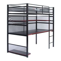 a black metal bunk bed with red shelves and mesh netting on the bottom shelf, against a white background