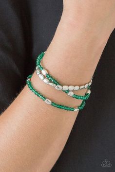 Paparazzi Accessories- Hello Beautiful - Green  Stretch Bracelets Item #P9WH-GRXX-136XX   Infused with hints of silver, dainty green crystal-like beads are threaded along stretchy bands, creating whimsical layers across the wrist.   Sold as one set of three bracelets.   Ordered 12/10/2019. Squirrel Jewelry, Girls Bracelets, Waist Beads African, Bracelets Handmade Diy, Fun Bracelet, Jewelry Making Necklace, Handmade Jewelry Diy, Paparazzi Accessories, Stretchy Bracelets