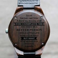 Personalize with one line of text above the quote and one line of text belowEngraved on the back of the watch caseCase crafted of black sandalwoodQuartz movementIncludes adjustable 1" W brown leather adjustable wristbandWristband adjusts from 5" to 10"Watch face measures 1.75" in diameterImported  Our All My Lasts Engraved Sandalwood Watch is makes a thoughtful, loving gift for your husband. Featuring a sentimental quote engraved on the back, this watch is perfect for a birth Message For Your Boyfriend, Sentimental Quotes, Box For Gift, Engraved Watch, Personalized Watches, Watch Engraving, Watch Boxes, Loving Gifts, Missing Piece