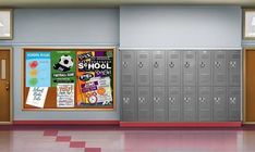 the lockers are lined up against the wall with posters on them, and there is no image to describe