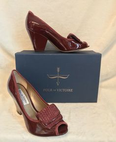 NEW IN BOX POUR LA VICTOIRE Burgundy Patent Leather 3” CRAZY HEEL Pumps Shoes, 8 Designer: POUR LA VICTOIRE Style: Pumps Color: Burgundy Patent Leather Size: 8 Fits like a size: large 8, Small 8.5 Heel Height: 3” heel Shoe Length: 9.75” Condition: New condition, never worn. Auction includes: SHOES and BOX eBay Global Shipping: If you are an international buyer outside of United States, please contact me prior to purchasing. I will give you the proper weight and box dimensions on this item so you Burgundy Medium Width Heels For Office, Burgundy Patent Leather Heels With Closed Toe, Burgundy Round Toe Heels For Formal Occasions, Burgundy Heels Medium Width For Formal Occasions, Burgundy Block Heel Heels For Formal Occasions, Burgundy Block Heel Formal Heels, Formal Burgundy Patent Leather Heels, Formal Burgundy Block Heel Heels, Formal Burgundy Block Heels