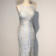 Lace Dress In Light Blue, Maxi, Size Small, New With Tags, Sleeveless, Just Gorgeous On!! Side Zipper, Fully Lined With Beige Material, Slit Is On Left Side Approximately 29” Please Ask Any Questions! Measurements Are Approximately As Follow: Bust 16” Waist 13” Length 59” Slit 29” Item #0172 Charmeuse Dress, Floral Chiffon Maxi Dress, Velvet Wrap Dress, Dress Light Blue, Dress Dusty, Blue Maxi, Maxi Tank Dress, Pleated Maxi Dress, Chiffon Maxi Dress