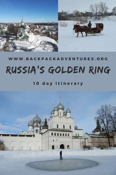 the russian golden ring in winter with people on horseback and horse drawn sleigh