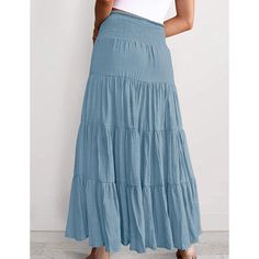 Light Blue Bohemia Pleated High Waist Maxi Skirt Casual Ankle-length Beach Skirt, Casual Ankle-length Skirt For Vacation, Beach Maxi Tiered Skirt In Solid Color, Bohemian Long Skirt In Solid Color, Light Blue Tiered Skirt For Beach, Blue Solid Color Skirt, Blue Relaxed Skirt With Solid Color, Bohemian Solid Color Skirted Bottoms, Blue Flowy Tiered Maxi Skirt