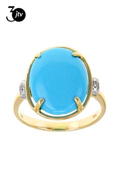 16x12mm oval cabochon Sleeping Beauty turquoise with .01ctw round white two diamond accent, 14k yellow gold ring. Measures approximately .64"L x .68"W. Finished under gallery. Oval Turquoise Cabochon Ring In Yellow Gold, Oval Yellow Gold Turquoise Ring With Cabochon, Oval Diamond Turquoise Ring For Formal Occasions, Formal Oval Turquoise Ring With Diamond, Elegant Turquoise Ring With Diamond Accents In Yellow Gold, Formal Oval Cabochon Turquoise Ring, Anniversary Yellow Gold Turquoise Ring With Oval Cabochon, Gold Oval Cabochon Turquoise Ring, Oval Turquoise Ring With Diamond Accents