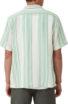 A relaxed fit and a cool notched collar bring sunshine-ready vibes to this stylish camp shirt. Front button closure Notched collar Short sleeves Chest patch pocket 60% cotton, 40% polyester Machine wash, line dry Imported Camp Shirt, Notched Collar, Camping Shirt, Cotton On, Green Stripes, Bright Green, Patch Pocket, Nordstrom Rack, Cotton Blend