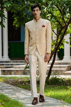 Beige linen bandhgala blazer featuring embroidery and pintuck detailing. - Aza Fashions Pajama Pattern, Cocktail Reception, Blazer Set, Satin Color, Pin Tucks, Pocket Square, Aza Fashion, Types Of Sleeves, For Men