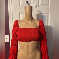 Cute, Sexy Red, Ruched Crop Top, Belled Sleeve Cuff. Size 8, New With Tags. Looks Great With, Jeans, Shorts, Or Skirt! Smoke Free Home Fitted Ruched Crop Top, Beach Fitted Crop Top With Smocked Bodice, Fitted Crop Top With Smocked Bodice For Beach, Fitted Smocked Crop Top For The Beach, Fitted Smocked Bodice Crop Top For Beach, Fitted Ruched Tops For The Beach, Fitted Top With Smocked Bodice For Party, Fitted Smocked Bodice Top For Party, Flirty Fitted Ruched Crop Top