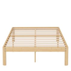 a bed frame with wooden slats on the top and bottom sides, in front of a white background