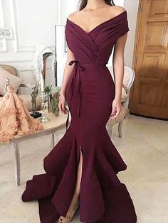 Mermaid Off the Shoulder Sleeveless Floor-Length With Ruched Satin Burgundy Prom Dresses Customize Evening Gowns on Storenvy Burgundy Prom Dress Mermaid, Vestidos Color Vino, Ruffle Prom Dress, Off Shoulder Evening Dress, Prom Dresses Long Mermaid, Burgundy Prom Dress, Long Prom Dresses, Satin Prom Dress, Mermaid Evening Dresses