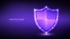 a shiny purple shield on a dark background with the word protection written in white letters