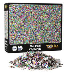 the pixell challenge puzzle box is full of colorful, sprinkled pieces