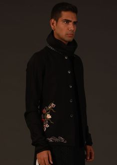 Rohit Bal-Black Floral Nehru Jacket-INDIASPOPUP.COM Blouse Yoke, Personal Shopping Service, Rohit Bal, Nehru Jacket, Nehru Jackets, Sherwani, Churidar, Black Fabric, Floral Embroidery