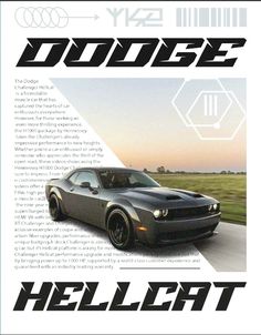 a car driving down a road with the words dodge hellcat on it