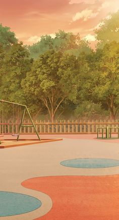 an empty playground with swings and trees in the background