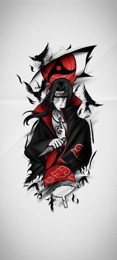 an anime character with black hair and red eyes