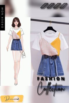 Fashion Colorblock Tee+denim Shorts P11539 Casual Summer T-shirt With Patchwork, Casual Tops With Contrast Color For Summer, Casual Blue T-shirt With Splicing, Yellow Tops With Contrast Color For Summer, Yellow Summer Tops With Contrast Color, Summer Yellow Tops With Contrast Color, Cotton Splicing T-shirt For Summer, Casual Spliced Tops For Summer, Blue Patchwork T-shirt For Summer