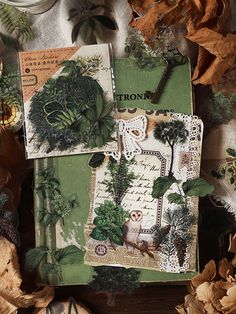 some papers with plants and leaves on them