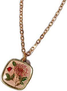 Vintage Gold Jewelry With Birth Flower, Vintage Gold Jewelry With Birth Flower Detail, Gold Enamel Round Pendant Necklace, Enamel Necklaces With Flower Charm And Pendant, Gold Enamel Medallion Necklace, Enamel Flower Pendant Necklace With Charm, Enamel Flower Pendant Necklace With Flower Charm, Gold Enamel Necklace With Delicate Chain, Gold Necklace With Flower Pendant And Vintage Charm