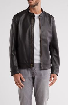 Supple nappa lambskin leather enriches a stylish jacket with indelible charm. Lambskin leather Professional leather clean Imported Classic Soft Leather Jacket For Fall, Elegant Leather Jacket With Zip Fly, Leather Racer Jacket, Racer Jacket, Stylish Jackets, Leather Cleaning, Lambskin Leather, Nordstrom Rack, Dark Brown