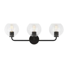 the three light bath fixture is black and has clear glass globes on each end