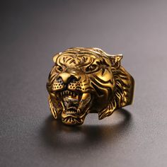 The embossed tiger head and roaring tiger show power and personality of you, enamel plated on makes the vintage look, the perfect combination is the best choice for men. This cool tiger ring can wear at any of your fingers, thumb ring, heavy and solid feeling; signet ring on your index finger, etc. Wear it at a cocktail party, a gift for a rapper.   SPU: GR2466  Collection:Gothic  Material: Stainless Steel  Ring Size(US): 7-14  Tiger Head: 0.9 inches wide (23mm)  Weight: 15g/Set  Clean it with a Dnd Theros, Tiger Ring Men, Cool Tiger, Jewelry Magic, Tiger Ring, Couple Ring Design, Background Animation, Vintage Tiger, Lion Ring