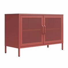 a red cabinet with two doors on each side