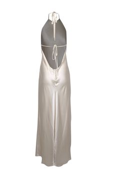 Get ready to turn heads in this Reformation ivory silk halter formal dress! Made from luxurious silk, this maxi dress features a sexy halter neckline and an open back that will make you feel sleek and confident. Complete the look with gold strappy heels and a jeweled clutch. Size XL Shell 100% Silk Lining 100% Viscose Button back closure Open back Halter neck tie Bust 44" Waist 36" Shoulder to hem 67" Evening Floor-length Maxi Dress With Lace-up Back, Sleeveless Maxi Dress With Lace-up Back For Formal Events, Elegant Backless Dress With Lace-up Back For Gala, Elegant Backless Gala Dress With Lace-up Back, Elegant Low Back Gown For Night Out, Evening Lace-up Back Floor-length Maxi Dress, Formal Maxi Length Slip Dress With Back Opening, Chic Backless Satin Maxi Dress, Lace-up Back Maxi Gown