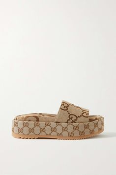 Beige Angelina logo-jacquard coated-canvas platform slides | GUCCI | NET-A-PORTER Designer Slides Women, Safari Outfit, Luxury Slides, Dream Wishlist, Gucci Slides, Designer Slides, Gucci Sandals, Flatform Sandals, Slides Women